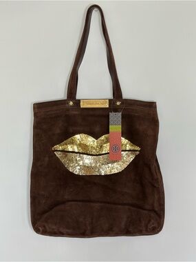 Tory Burch Brown Suede Tote Bag Gold Lips Sequin NWT